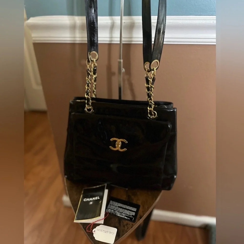 Chanel Vintage Black Patent Leather Chain Tote Shoulder Bag